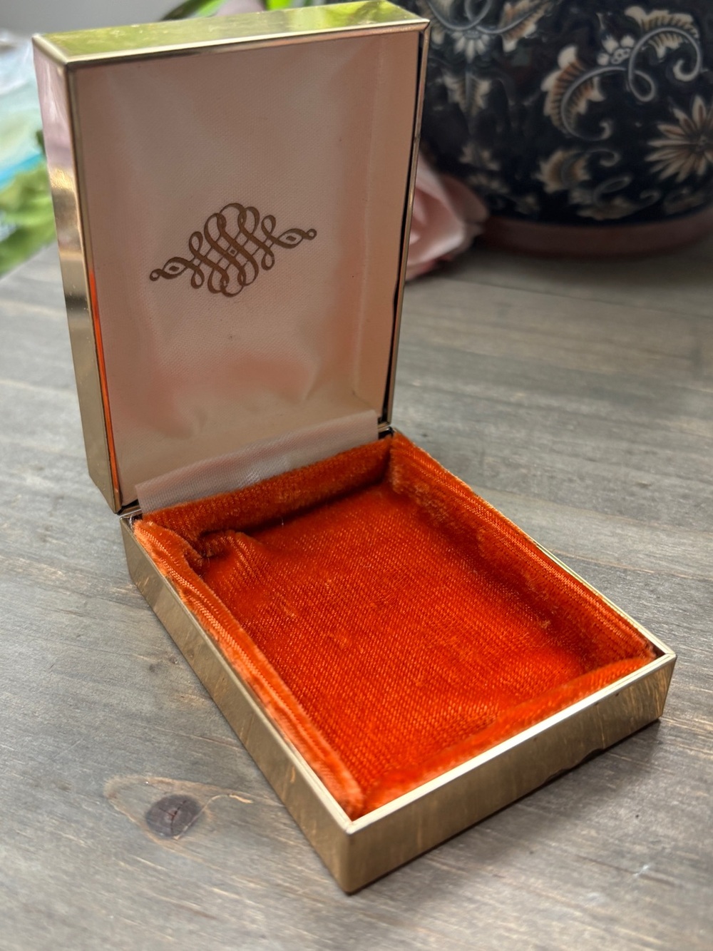 Vintage Jewelry Display Box Gold with Orange Velvet Interior